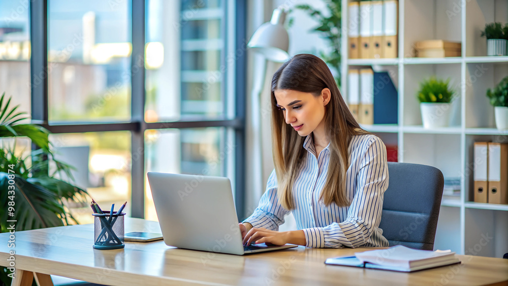 A girl working on a laptop at a desk in an office. A girl working on a laptop at a desk in an office.