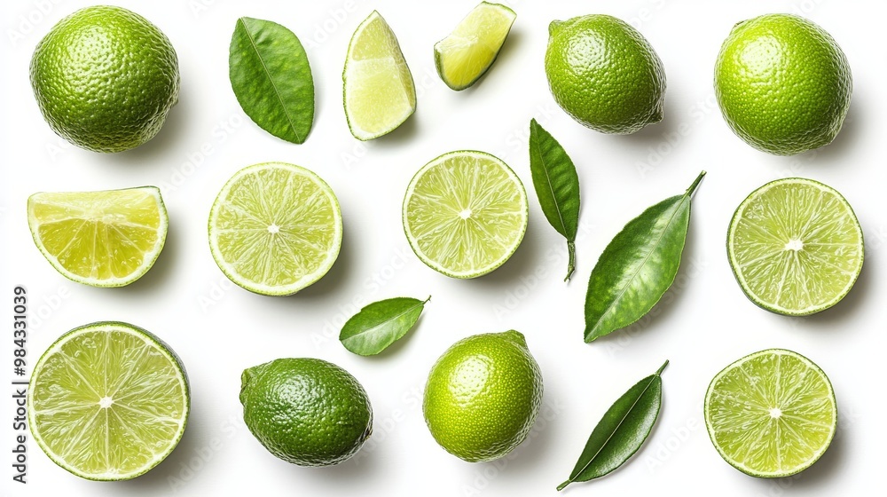 A set of limes and sliced pieces, isolated on a white background, perfect for a clean and fresh look A set of limes and sliced pieces, isolated on a white background, perfect for a clean and fresh look