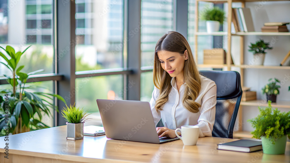 A girl working on a laptop at a desk in an office. A girl working on a laptop at a desk in an office.