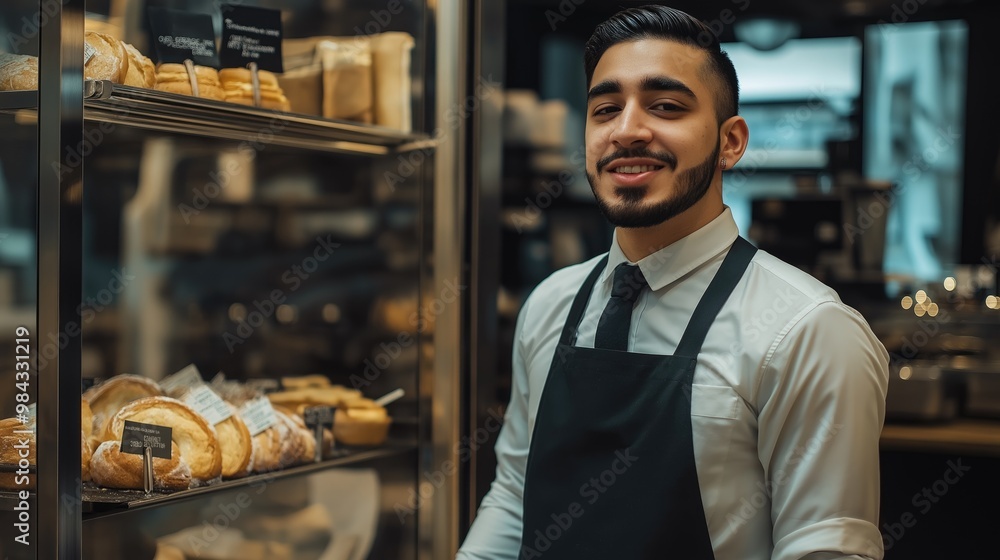 The friendly male salesman in the bakery welcomes guests with a smile while showcasing an array of delicious, freshly baked pastries The friendly male salesman in the bakery welcomes guests with a smile while showcasing an array of delicious, freshly baked pastries