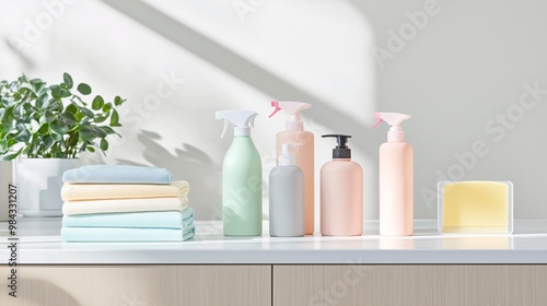 Wallpaper Mural Mockup of Household Cleaning Products in Various Bottles with Sponges, Brushes, and Microfiber Cloths on Pristine White Kitchen Countertop with Houseplants Torontodigital.ca