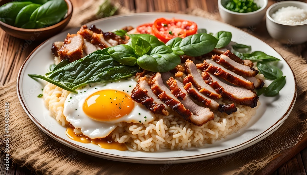 Crispy pork basil rice with fried egg, spicy food, in a round plate on the wooden floor.
Crispy pork basil rice with fried egg, spicy food, in a round plate on the wooden floor.