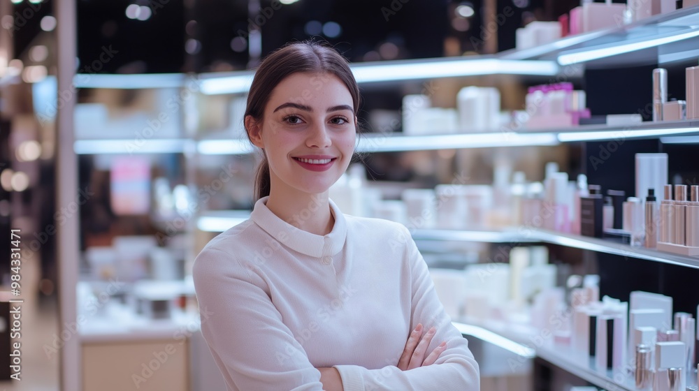 A young saleswoman greets customers with a warm smile in an upscale cosmetics store filled with a variety of beauty products A young saleswoman greets customers with a warm smile in an upscale cosmetics store filled with a variety of beauty products
