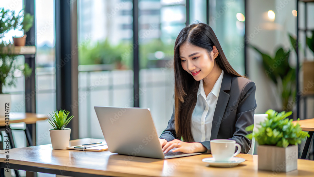 Asian girl working at a laptop on a desk, in an office. Asian girl working at a laptop on a desk, in an office.