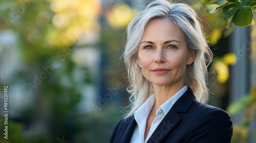 Portrait of middleaged business confident woman in suit posing outdoors : Generative AI