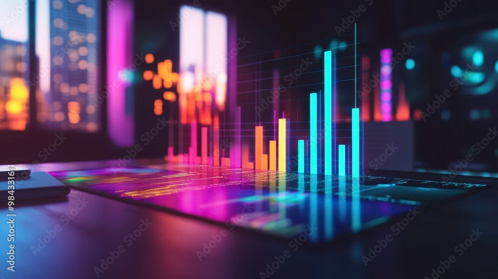 Holographic growth chart floating above a business table, glowing with vibrant data. Bright setting.