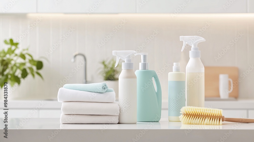 Mockup of Household Cleaning Products in Various Bottles with Sponges, Brushes, and Microfiber Cloths on Pristine White Kitchen Countertop with Houseplants Mockup of Household Cleaning Products in Various Bottles with Sponges, Brushes, and Microfiber Cloths on Pristine White Kitchen Countertop with Houseplants