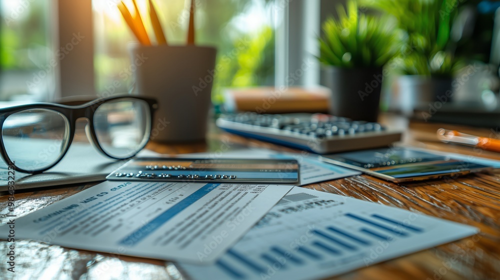 Obraz premium Business Desk with Financial Documents and Calculating Tools
