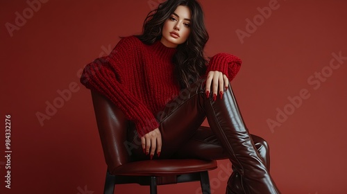Fashionable confident woman wearing burgundy color knitted sweater faux leather pants pointed toe boots posing on brown background Fulllength studio fashion portrait : Generative AI