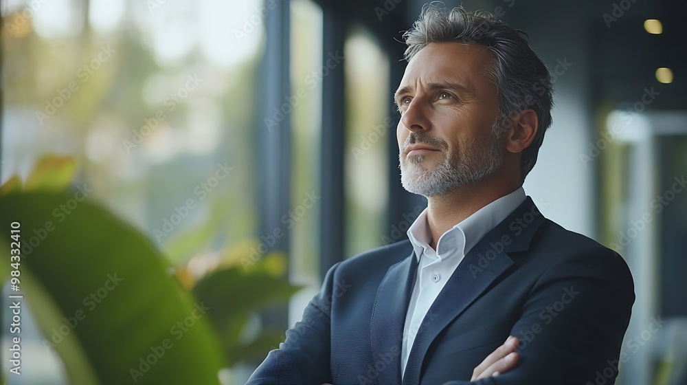 Happy confident mature 45 years old business man investor standing in office looking away Middle aged rich business owner male ceo executive leader wearing suit at work thinking on fut : Generative AI Happy confident mature 45 years old business man investor standing in office looking away Middle aged rich business owner male ceo executive leader wearing suit at work thinking on fut : Generative AI