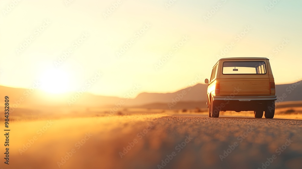 Fototapeta premium Nostalgic Vintage Road Trip at Sunset - Timeless Desert Landscape with Warm Tones Classic Car Adventure in Golden Hour Bliss