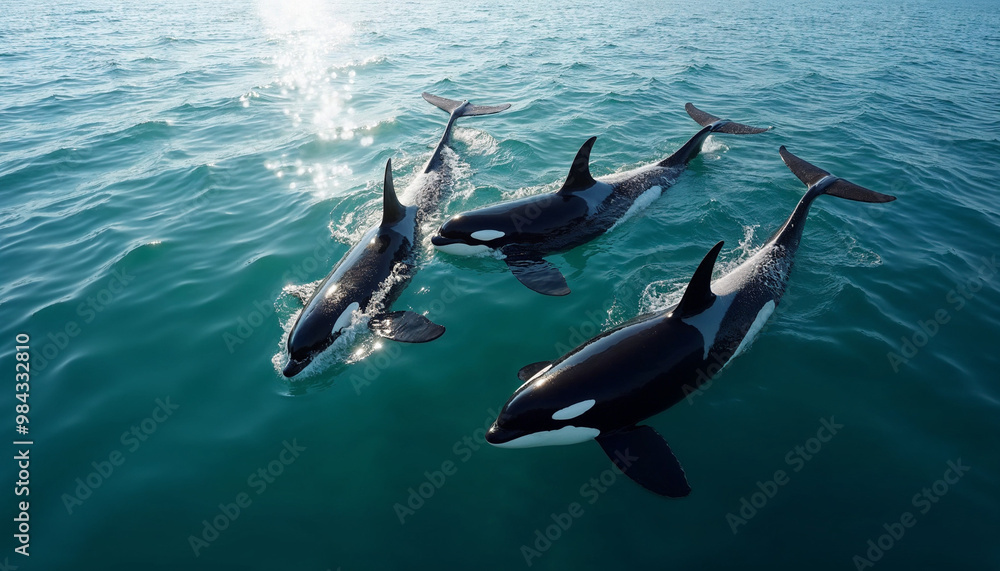 Obraz premium A pod of orcas swims gracefully through lightly rippled ocean waters under a clear sky.
