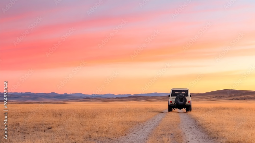 Fototapeta premium Adventurous Road Trip at Sunset - Off-Road Vehicle in Remote Landscape Under Dramatic Red Sky Capturing the Essence of Wild Exploration and Freedom