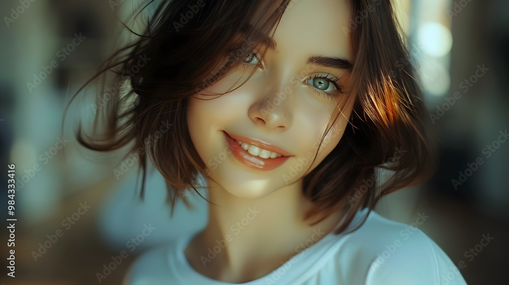 Obraz premium Smiling Young Woman Natural Light Beautiful Eyes Joyful Expression | AI Generated
