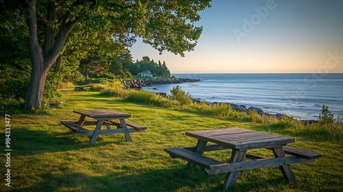 Park setting near the ocean in the early morning with picnic tables trees and mowed grass on the coast of Maine : Generative AI photo