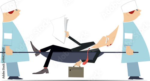 Overworked businessman, two physicians with a stretcher. 
Two physicians carry overworked businessman in a stretcher. Isolated on white background
