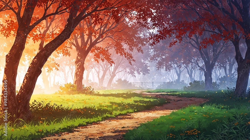Fototapeta premium Nature, forest, pathway, country, road, sunrise, sunset, autumn trees, landscape illustration.
