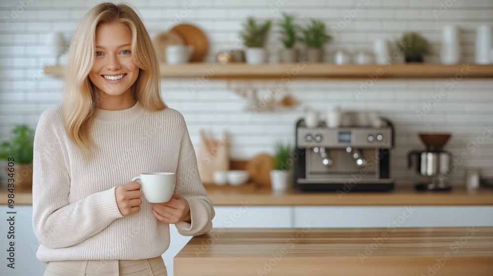 Young Businesswoman of European American Descent Standing in Modern Minimalist White Kitchen Next to Luxurious State-of-the-Art Coffee Machine Young Businesswoman of European American Descent Standing in Modern Minimalist White Kitchen Next to Luxurious State-of-the-Art Coffee Machine