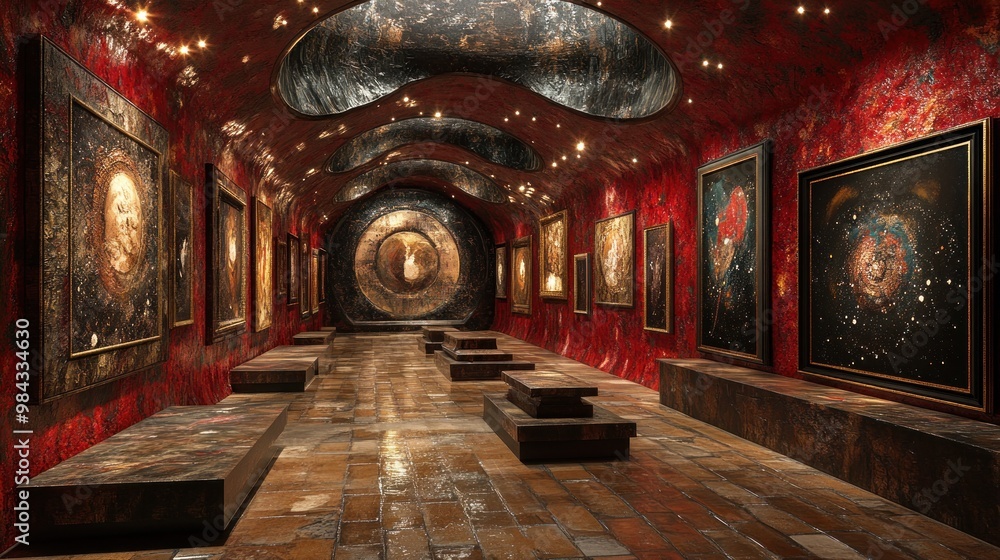 Obraz premium Art gallery featuring abstract paintings with dramatic lighting.
