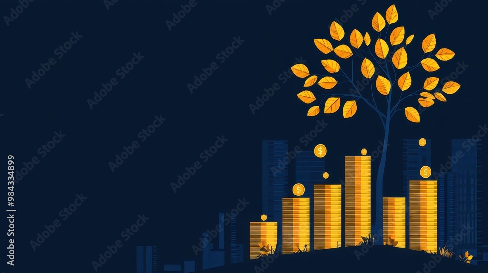 Fototapeta premium Tree and bar graph rising from gold coins, symbolizing perpetual business growth in a sleek, tech-inspired design.