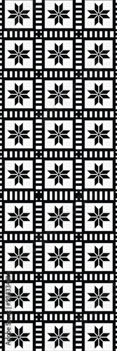 This image features a repeating pattern of stylized floral designs and film strip motifs in black and white.