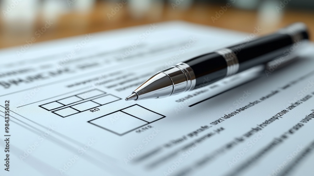 Close-up of a pen marking a checkbox on a ballot form, ballot marking, election decision, 3D illustration Close-up of a pen marking a checkbox on a ballot form, ballot marking, election decision, 3D illustration