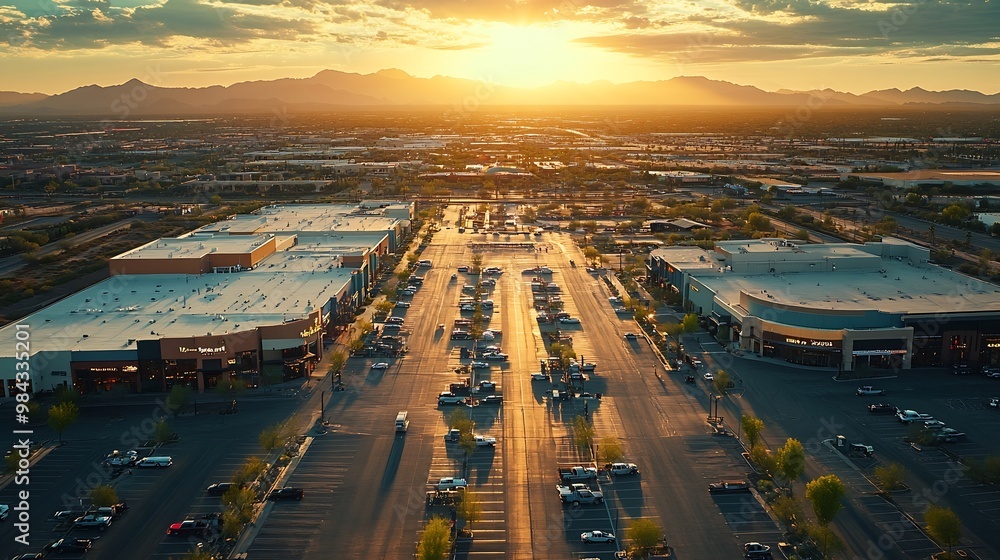 Fototapeta premium Afternoon aerial view of new shopping mall sprawl and empty lots of downtown Goodyear Arizona USA : Generative AI