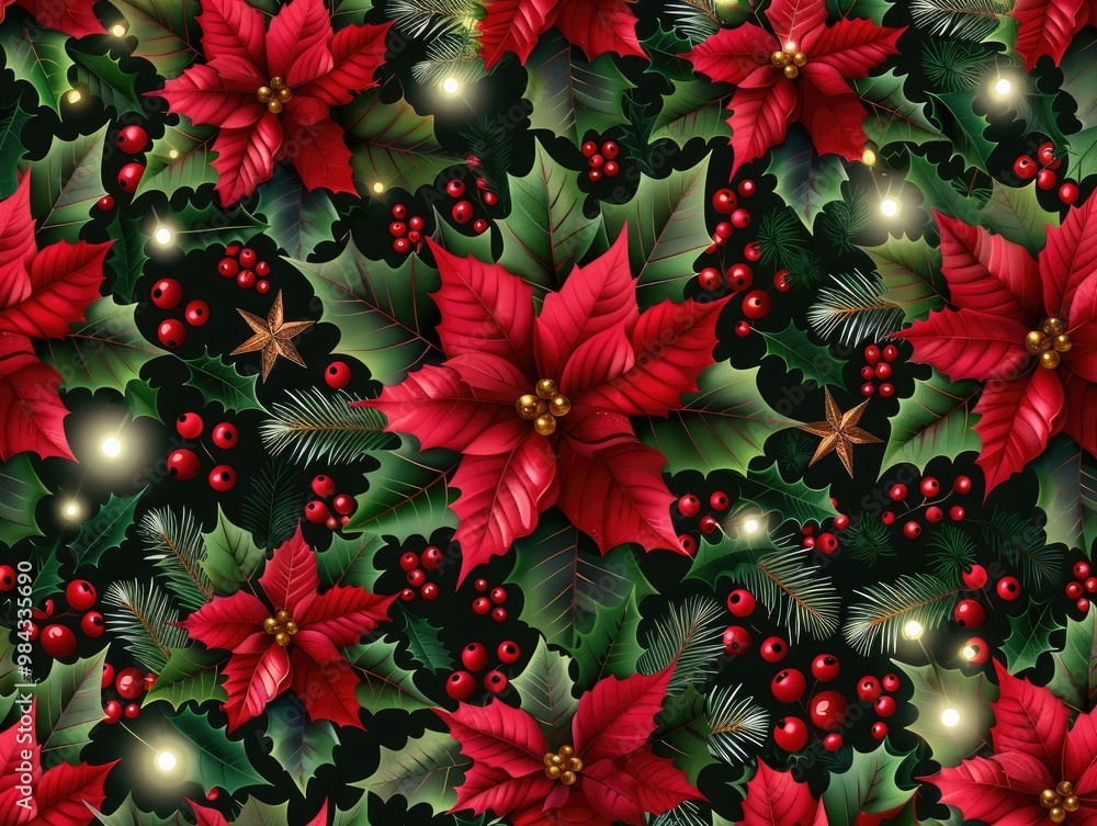 A vibrant holiday pattern featuring red poinsettias, green leaves, and decorative berries, perfect for festive decor and seasonal designs. A vibrant holiday pattern featuring red poinsettias, green leaves, and decorative berries, perfect for festive decor and seasonal designs.