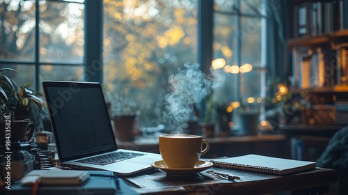 Wallpaper Mural Cozy Workspace with Coffee and Laptop in Natural Light Torontodigital.ca