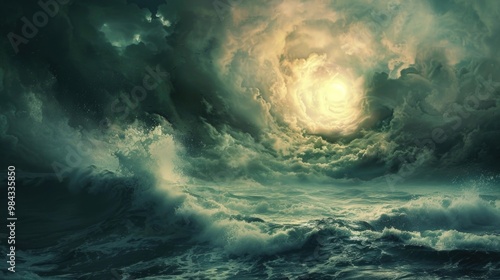 Stormy Ocean Waves Under Dramatic Night Sky with Full Moon Nature Seascape