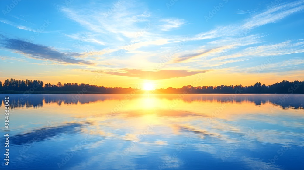 A serene sunset illuminates a tranquil lake, reflecting vibrant colors of blue and orange, creating a peaceful natural scene.