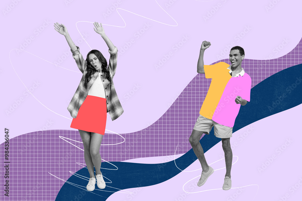 Composite photo collage of two happy girl guy dance retro party relax enjoy weekend occasion event isolated on painted background Composite photo collage of two happy girl guy dance retro party relax enjoy weekend occasion event isolated on painted background