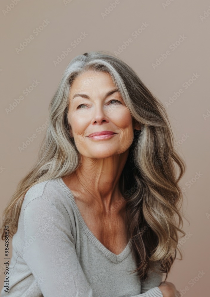 Fototapeta premium A graceful portrait of a mature woman, her smile subtle yet captivating with a light pink background.
