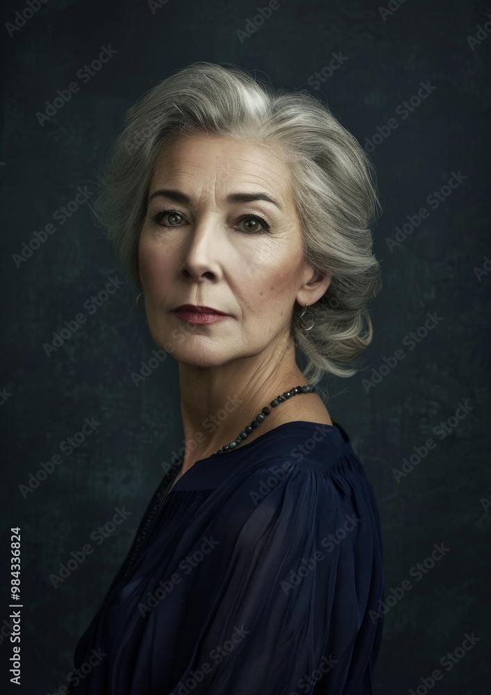 A powerful portrait of a mature woman, her expression serene and authoritative against a dark backdrop. A powerful portrait of a mature woman, her expression serene and authoritative against a dark backdrop.