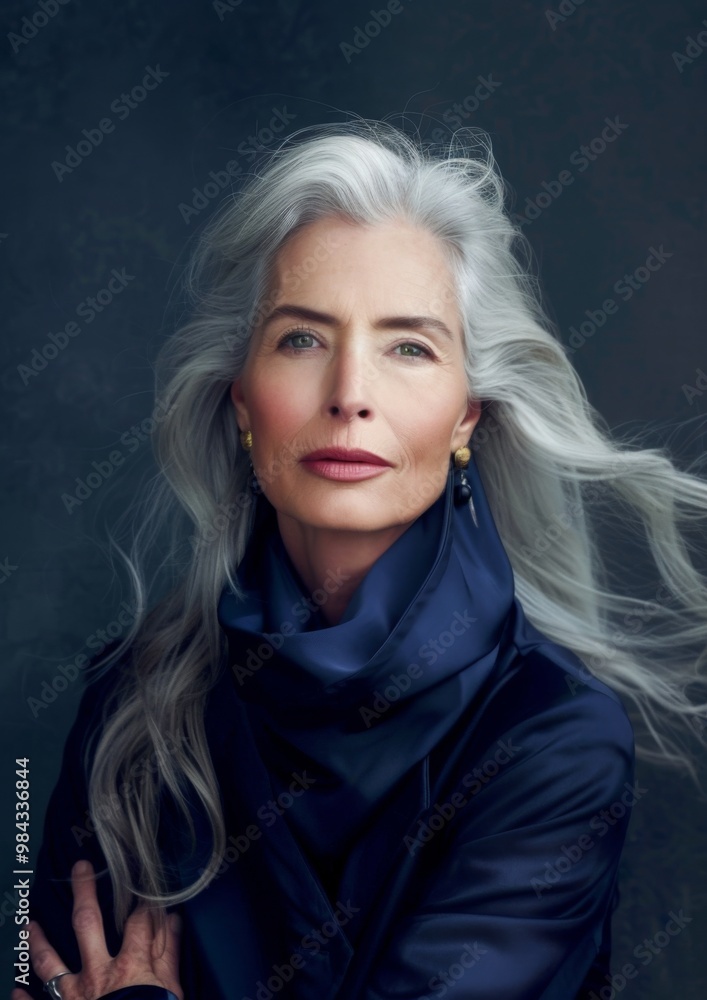 Fototapeta premium A powerful portrait of a mature woman, her expression serene and authoritative, against a backdrop of classic navy. 