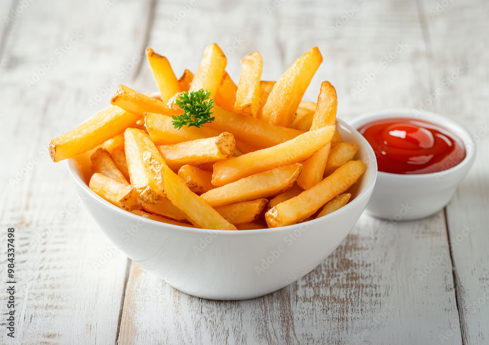 a bowl of french fries with ketchup and ketchup. a bowl of french fries with ketchup and ketchup.