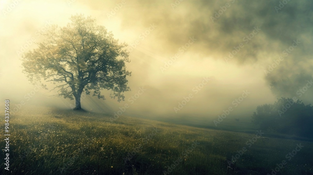 Misty Meadow with Lone Tree Silhouette in Foggy Sunrise Landscape Misty Meadow with Lone Tree Silhouette in Foggy Sunrise Landscape