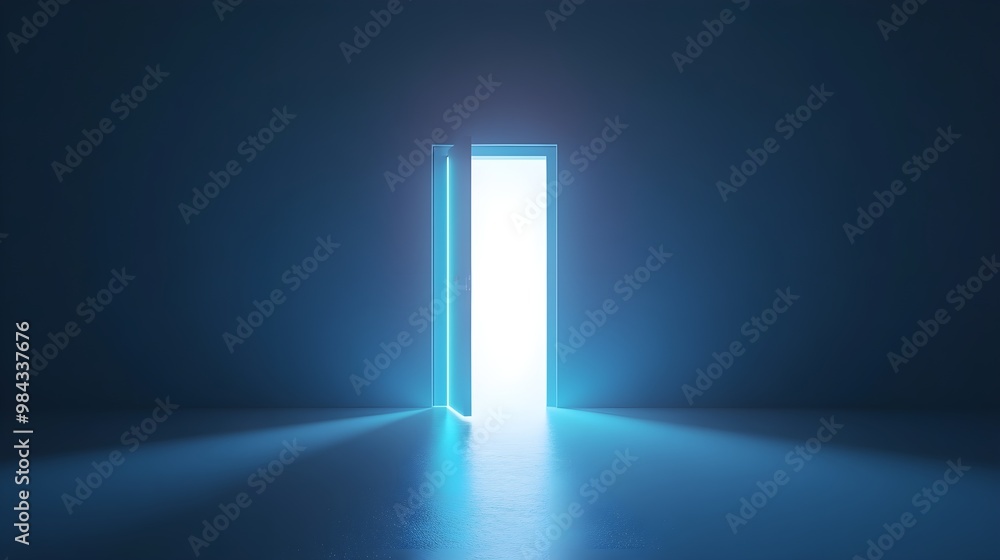A glowing door stands ajar in a dark space, emitting bright light, symbolizing opportunity, hope, and new beginnings. A glowing door stands ajar in a dark space, emitting bright light, symbolizing opportunity, hope, and new beginnings.