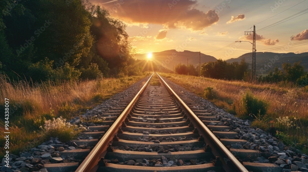 Fototapeta premium Railroad Tracks Leading into Golden Sunset over Mountain Landscape