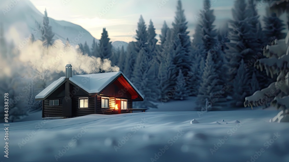 Fototapeta premium A cozy cabin in a snowy forest, with smoke rising from the chimney against a serene mountain backdrop, evoking a peaceful winter scene.
