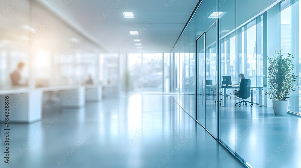 A bright modern open office space with glass walls, white desks, ergonomic chairs, and natural light from large windows, creating a clean corporate environment with a soft focus effect. A bright modern open office space with glass walls, white desks, ergonomic chairs, and natural light from large windows, creating a clean corporate environment with a soft focus effect.