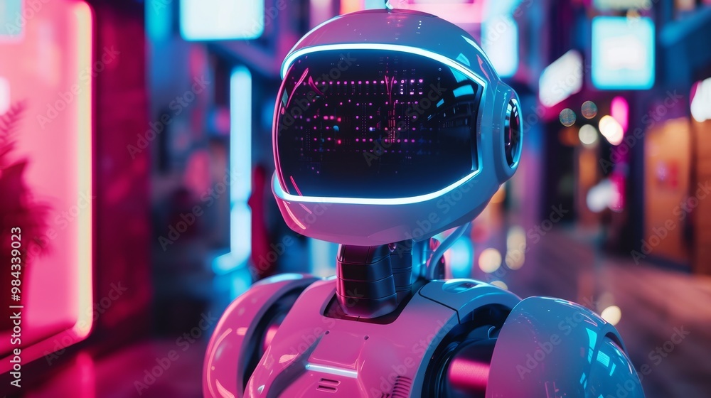 Advanced robot security guard in a neon-lit market Advanced robot security guard in a neon-lit market