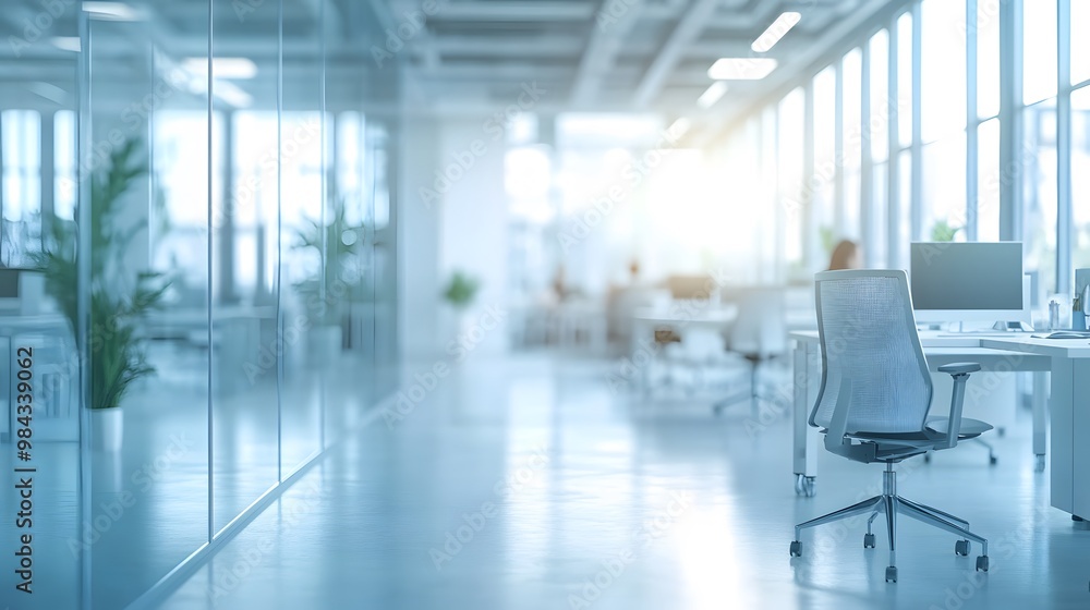 A bright modern open office space with glass walls, white desks, ergonomic chairs, and natural light from large windows, creating a clean corporate environment with a soft focus effect. A bright modern open office space with glass walls, white desks, ergonomic chairs, and natural light from large windows, creating a clean corporate environment with a soft focus effect.