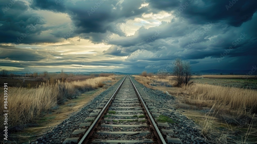 Obraz premium Railroad tracks leading to stormy horizon through golden grass field