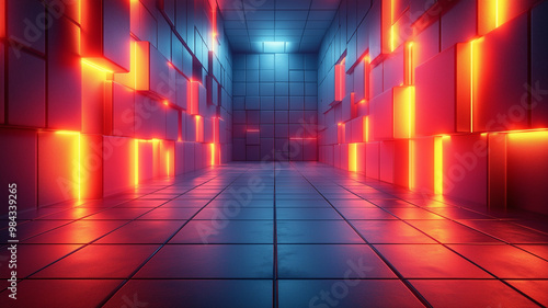 Futuristic Sci-Fi Corridor with Glowing Red and Blue Lights – 3D Render Background