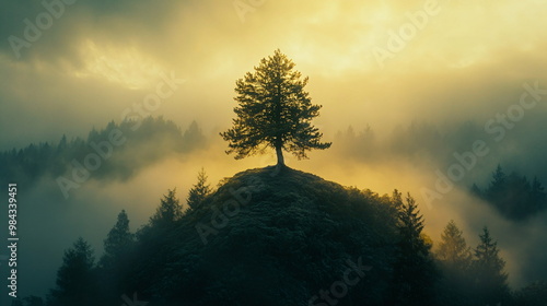 lonely magical tree on a mountain photo