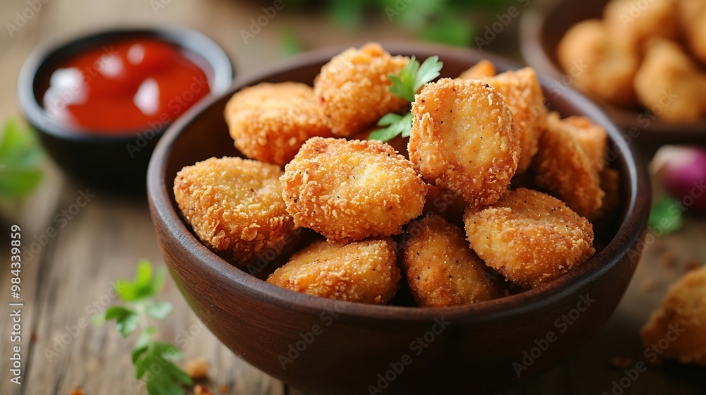 Takeaway food fried breaded chicken nuggets and vegetables on wooden table : Generative AI Takeaway food fried breaded chicken nuggets and vegetables on wooden table : Generative AI