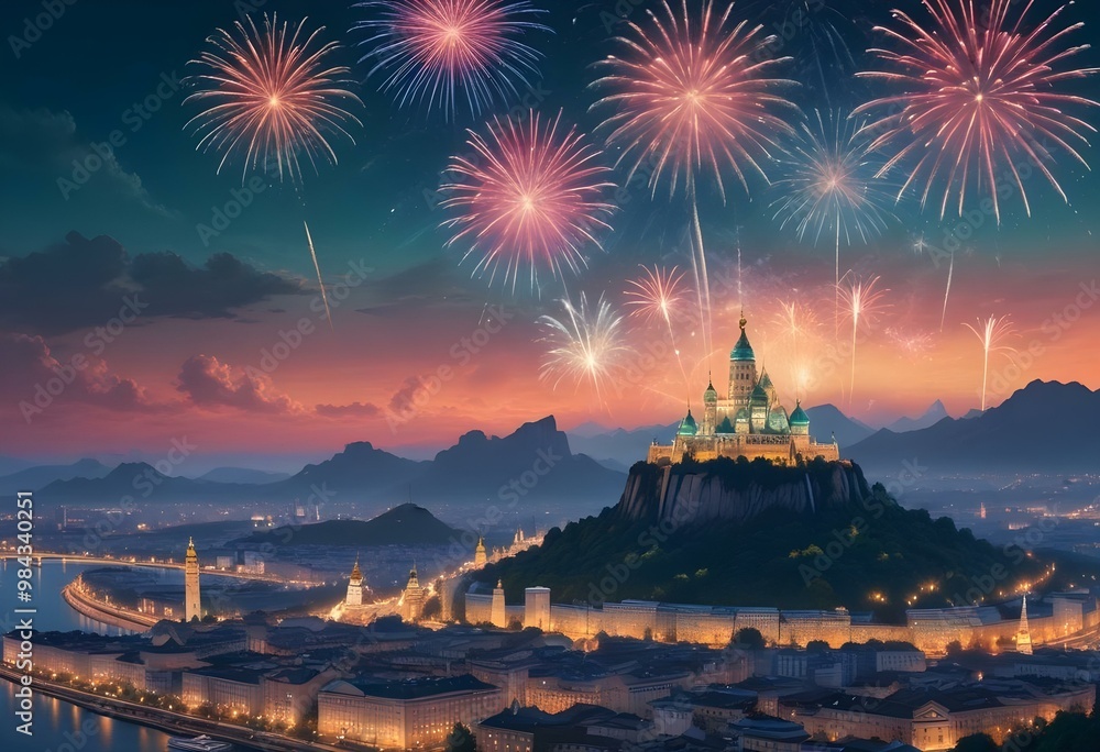 Fireworks are seen from a beach with a beach and mountains buildings in the background Fireworks are seen from a beach with a beach and mountains buildings in the background