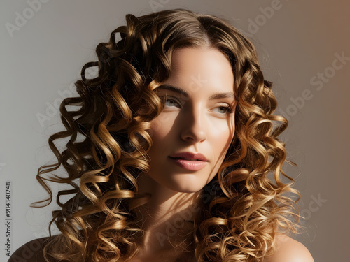 a woman with curly hair and a white background