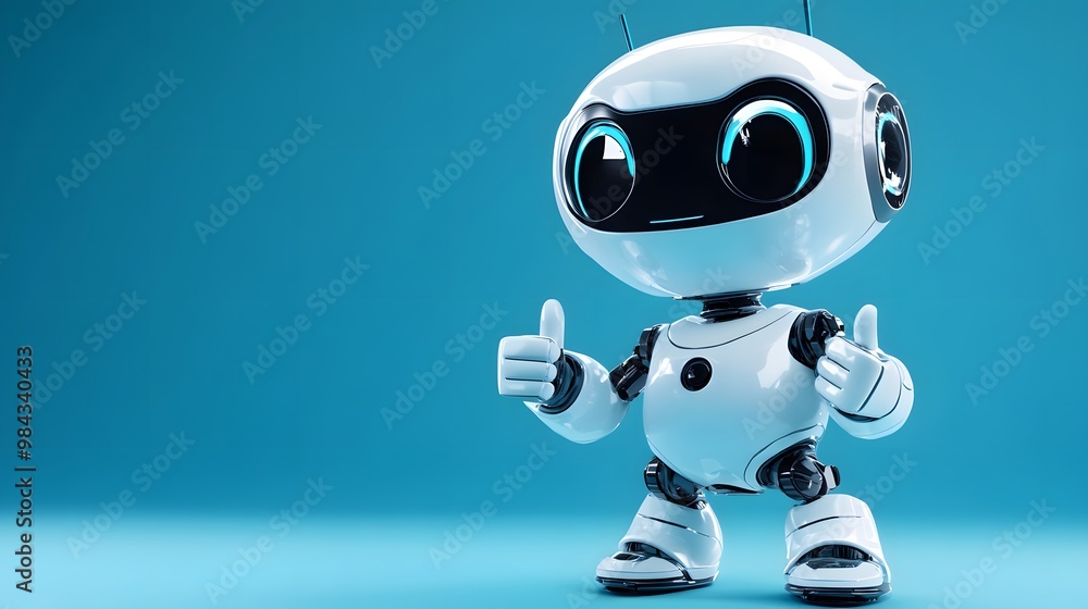 A cute cartoon robot in a 3D render, set against a blue gradient background with a futuristic design and friendly AI assistant appearance, featuring a white and light blue color scheme. A cute cartoon robot in a 3D render, set against a blue gradient background with a futuristic design and friendly AI assistant appearance, featuring a white and light blue color scheme.